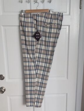 Women's Ava & Viv Cream Plaid Stretch Chinos with Blue and Tan Stripes Size 18W